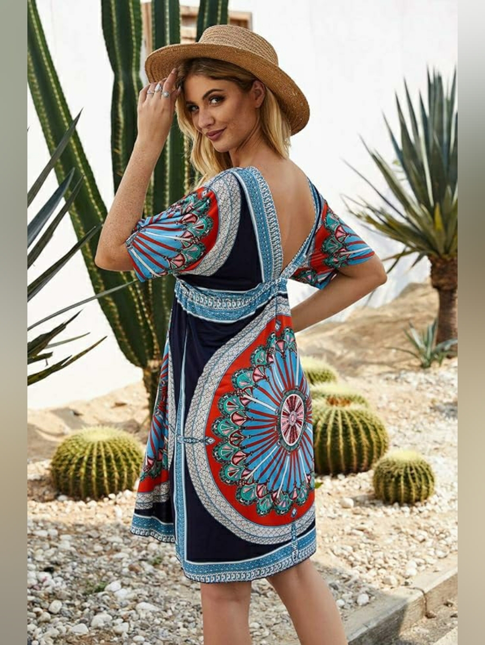 NEW Boho Beach Swimsuit Bikini Cover Up Top M L XL Red Blue Print Dress